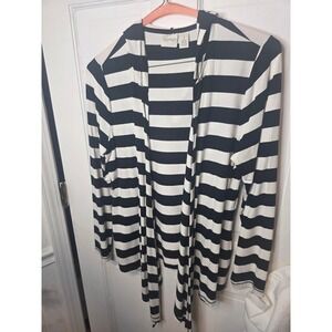 Chicos Zenergy Black White Striped Hooded Open Front Cardigan Wrap Size 1 Medium